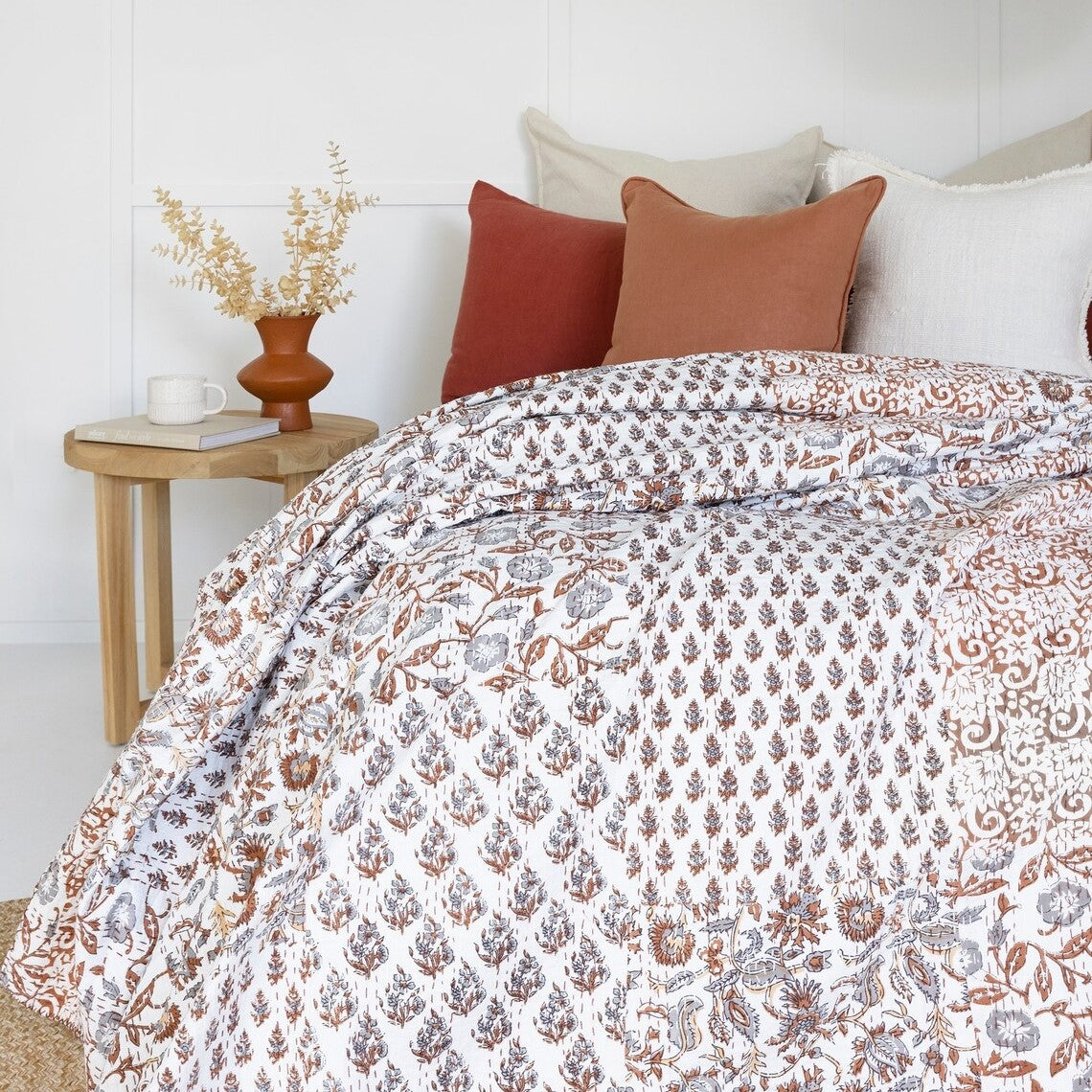 Indian Block Print Design Boho Cotton Bedspread King Size