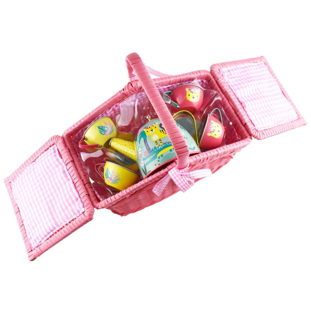 Kids Play Tin Tea Set In Picnic Basket - Tiger 18Pcs