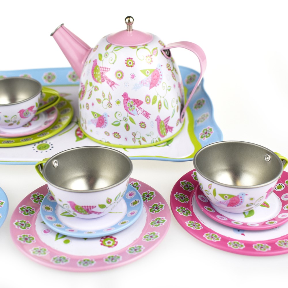 Kids Play Tin Tea Set In Suitcase - Birds 15Pcs