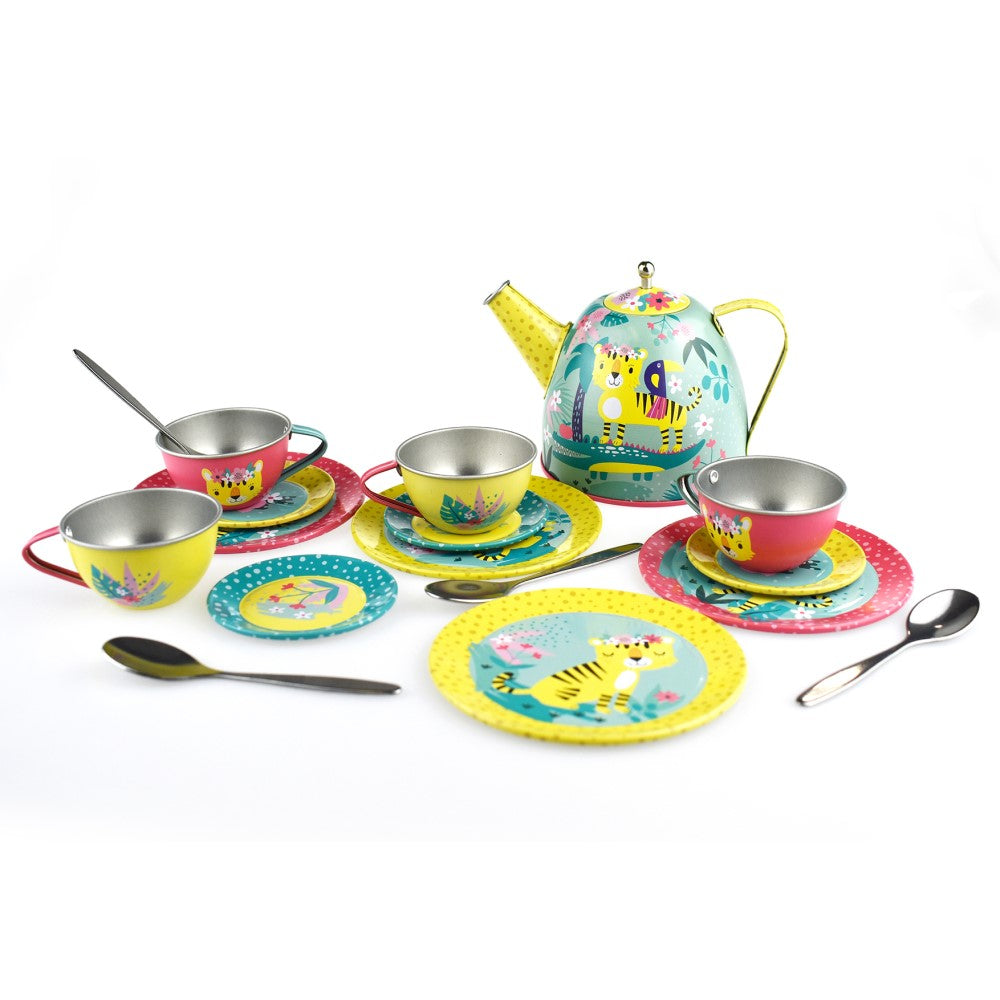 Kids Play Tin Tea Set In Picnic Basket - Tiger 18Pcs
