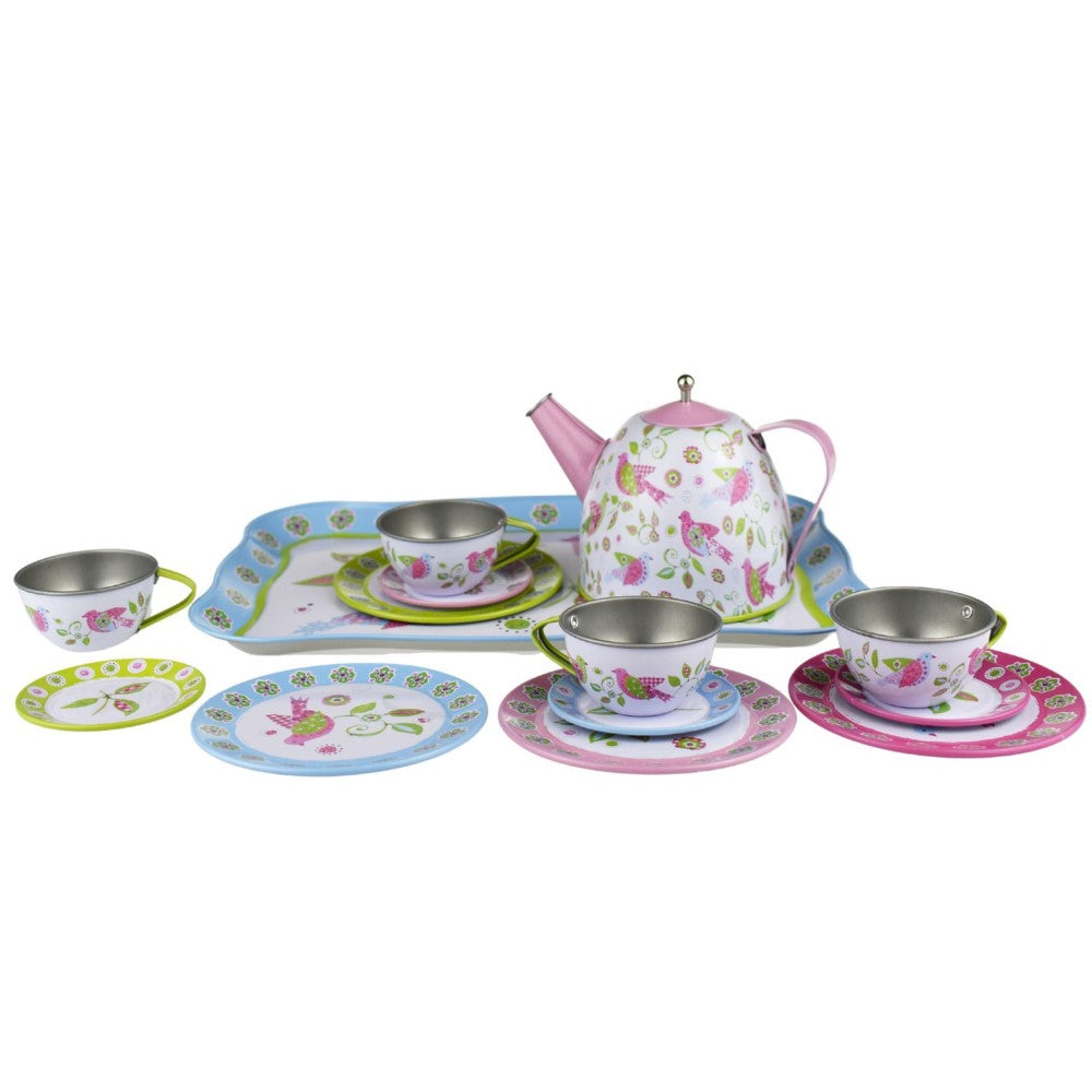 Kids Play Tin Tea Set In Suitcase - Birds 15Pcs