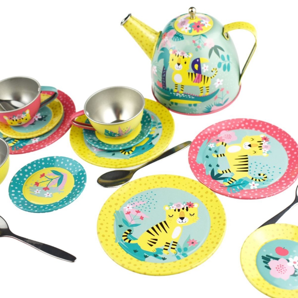 Kids Play Tin Tea Set In Picnic Basket - Tiger 18Pcs