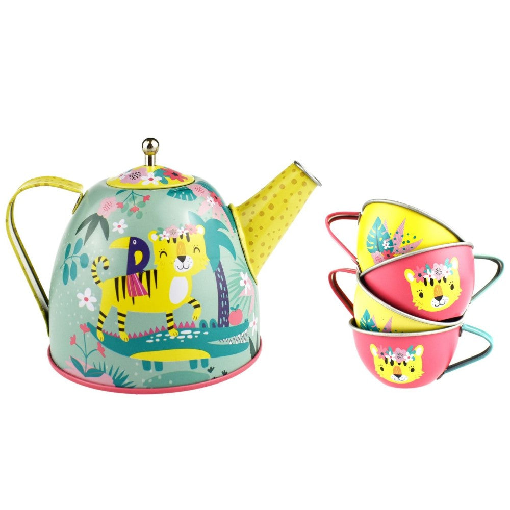 Kids Play Tin Tea Set In Picnic Basket - Tiger 18Pcs