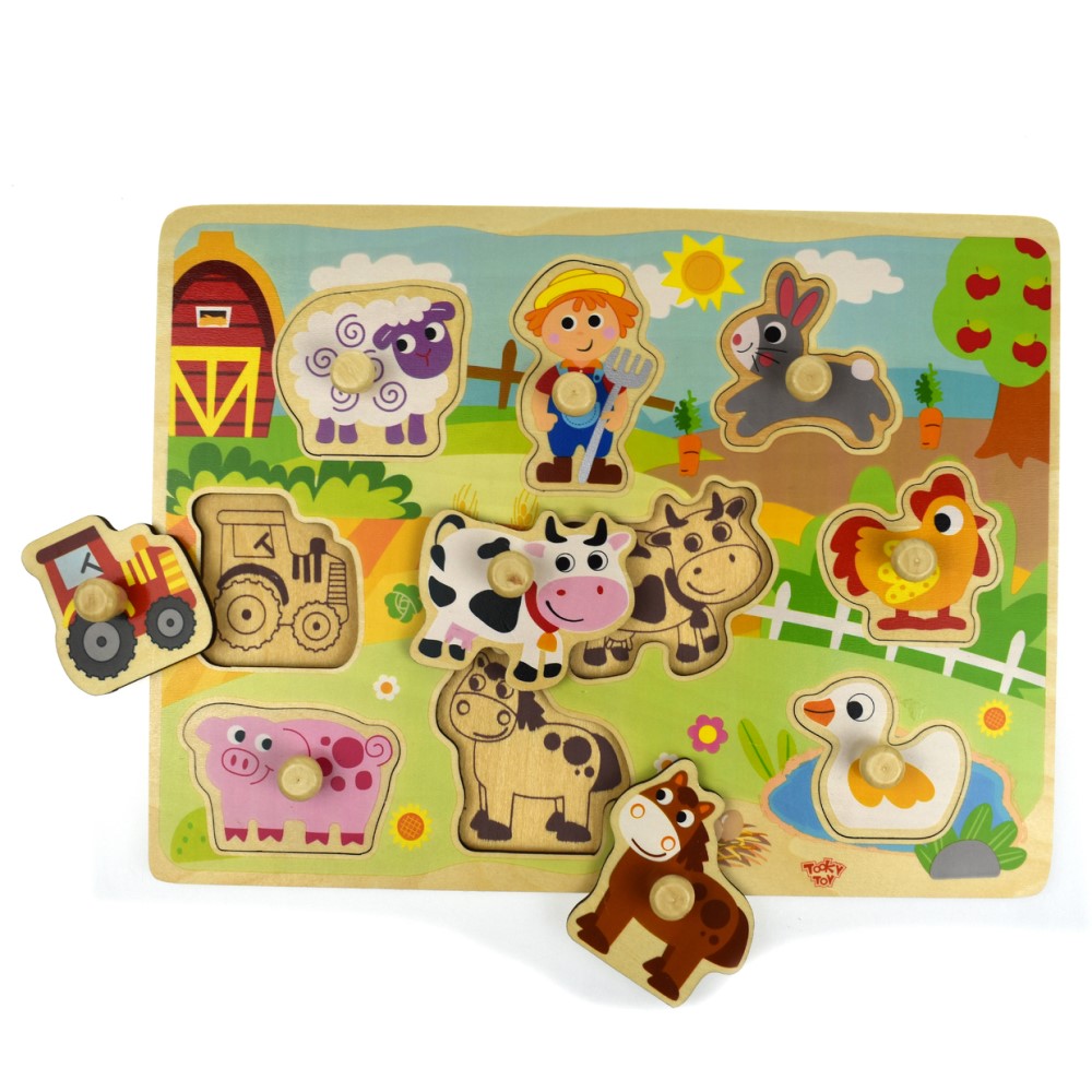 Kids Wooden Farm & Animals Peg Puzzle Shape Sorter