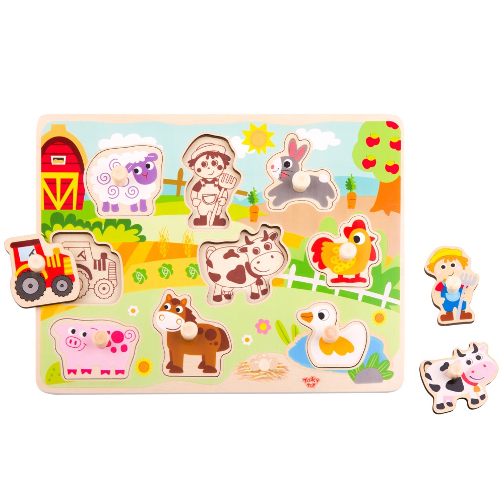 Kids Wooden Farm & Animals Peg Puzzle Shape Sorter