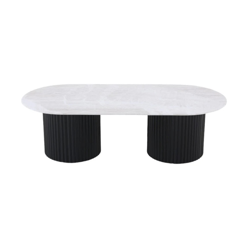Luxurious Marble Top Oval Coffee Table - Black Base 130cms