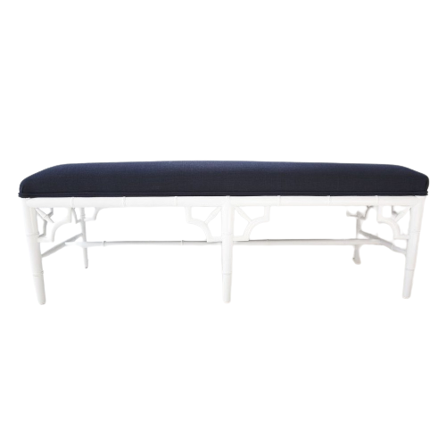 Mahogany Timber Bed End Bench With Navy Cushion