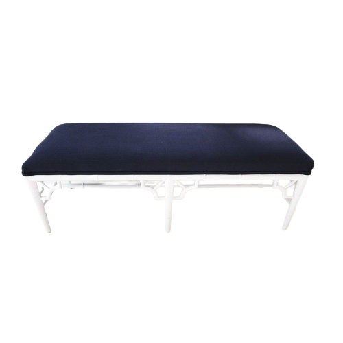 Mahogany Timber Bed End Bench With Navy Cushion