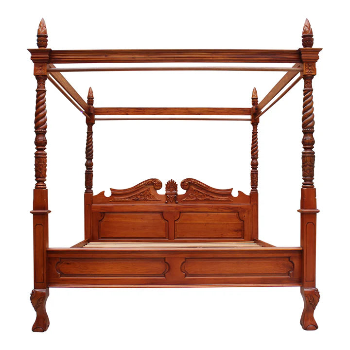 Majestic Queen Anne Four Poster Queen Size Bed - Light Mahogany