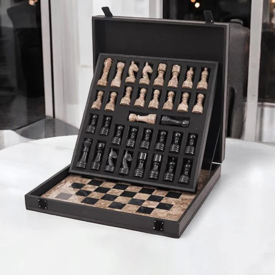 Marble Chess Set with Storage Box - Oceanic and White - 38cms