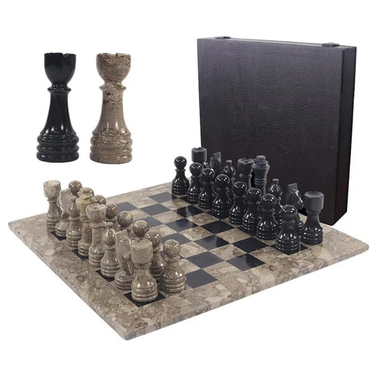 Marble Chess Set with Storage Box - Oceanic and White - 38cms