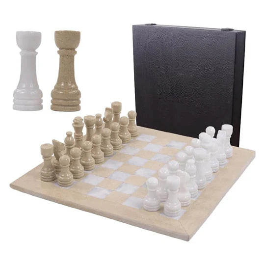 Marble Chess Set with Storage Box - Verona and White - 38cms