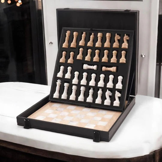 Marble Chess Set with Storage Box - Verona and White - 38cms