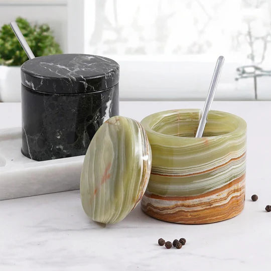 Marble Handmade Salt Cellar with Tray - Black & Green