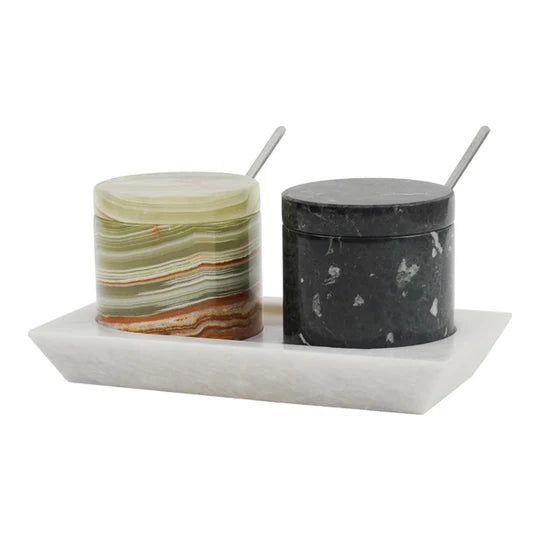 Marble Handmade Salt Cellar with Tray - Black & Green