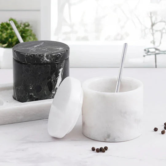 Marble Handmade Salt Cellar with Tray - White & Black