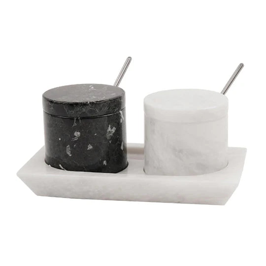 Marble Handmade Salt Cellar with Tray - White & Black