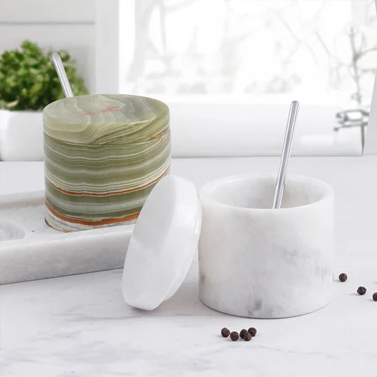 Marble Handmade Salt Cellar with Tray - White & Green