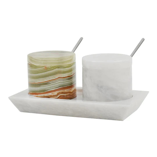 Marble Handmade Salt Cellar with Tray - White & Green