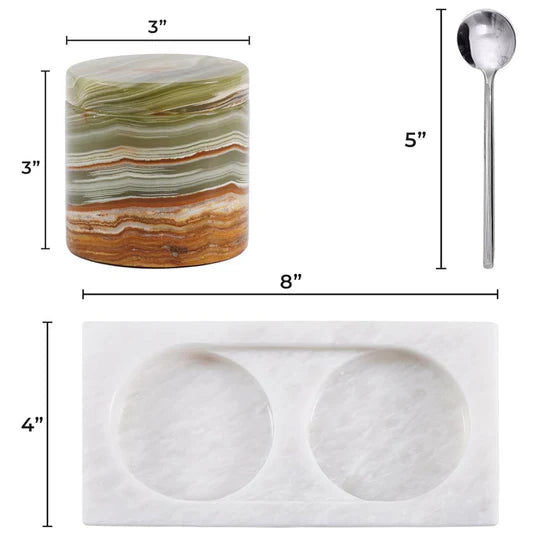 Marble Handmade Salt Cellar with Tray - White & Green