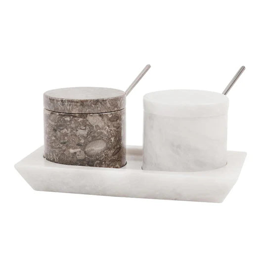 Marble Handmade Salt Cellar with Tray - White & Grey