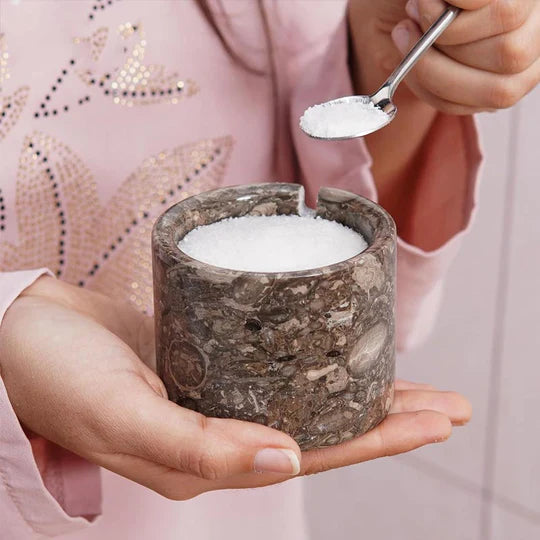 Marble Handmade Salt Cellar with Tray - White & Grey