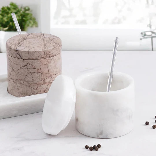 Marble Handmade Salt Cellar with Tray - White & Marinara