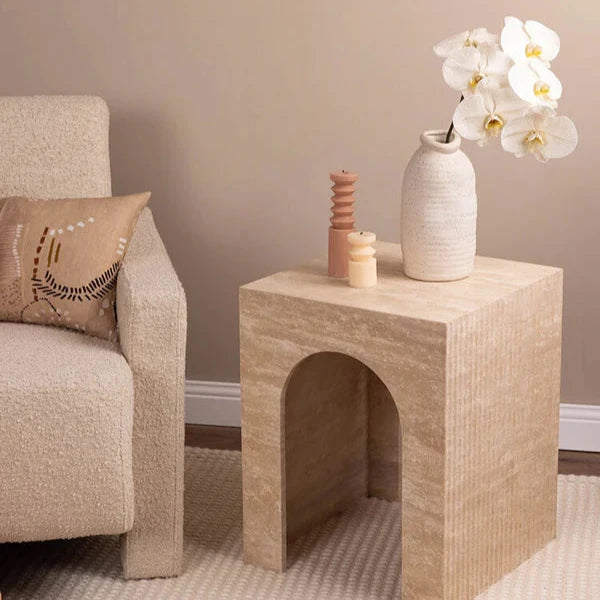 Marble Rene Side Table in Travertine - Beige