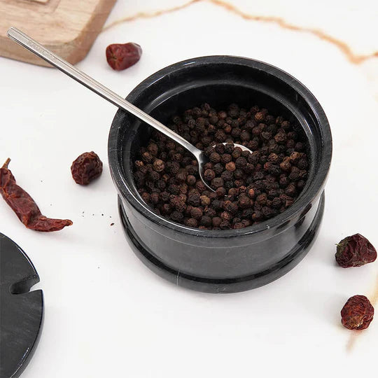 Marble Salt Cellar With Lid & Spoon - Black