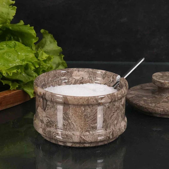 Marble Salt Cellar With Lid & Spoon - Grey