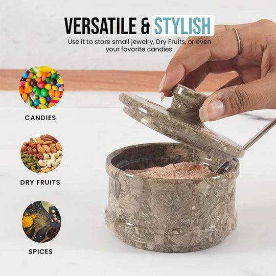 Marble Salt Cellar With Lid & Spoon - Grey