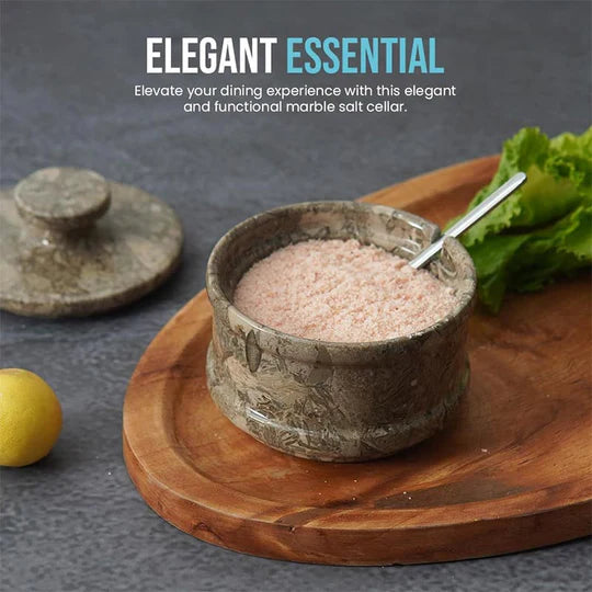 Marble Salt Cellar With Lid & Spoon - Grey