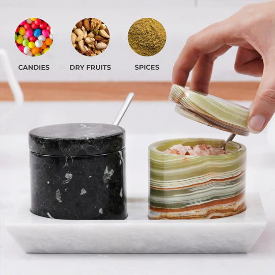 Marble Handmade Salt Cellar with Tray - Black & Green
