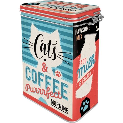 Metal Clip Top Tin Storage Box - Cats & Coffee