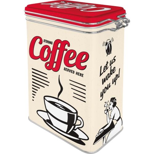 Metal Clip Top Tin Storage Box - Strong Coffee Served Here