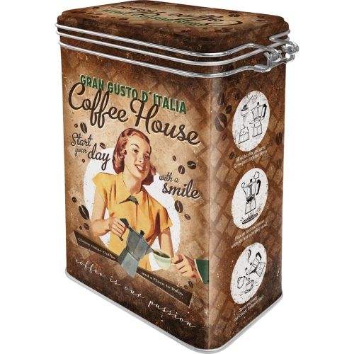 Metal Clip Top Tin Storage Box Coffee House