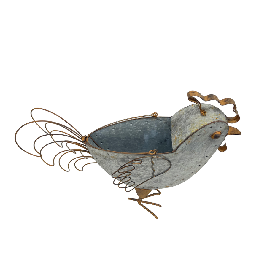 Metal Rustic Chicken Outdoor Plant Pot with Handle