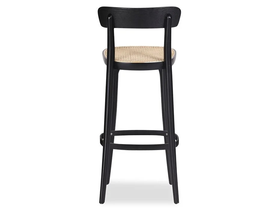 Mid-Century Modern Black Stool with Cane Seat - 66cms