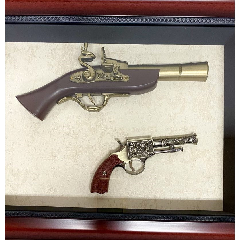 Modern Antique 2 Plastic Toy Guns in Timber Frame
