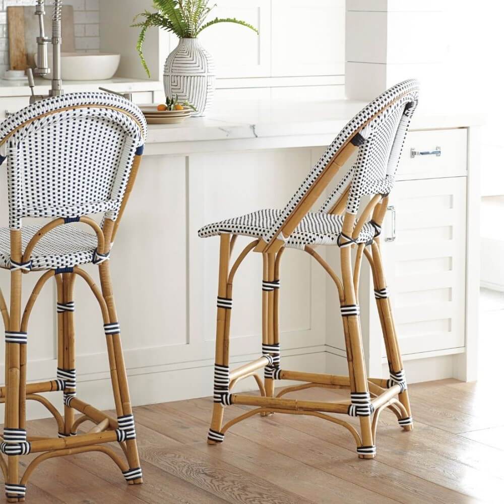 Modern Coastal Style Rattan TALL Dining Chair - Blue & White