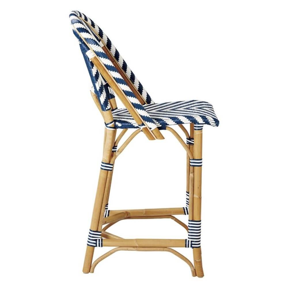 Modern Coastal Style Rattan TALL Dining Chair - Navy Blue Chevron