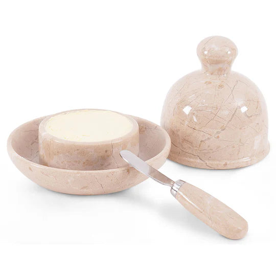 Modern Sleek White Marble Butter Keeper - Light Brown