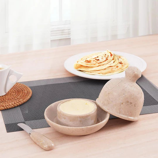 Modern Sleek White Marble Butter Keeper - Light Brown