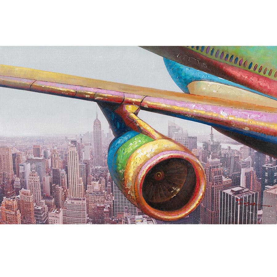 Multicolor Aeroplane Over City-Oil Painting on Canvas