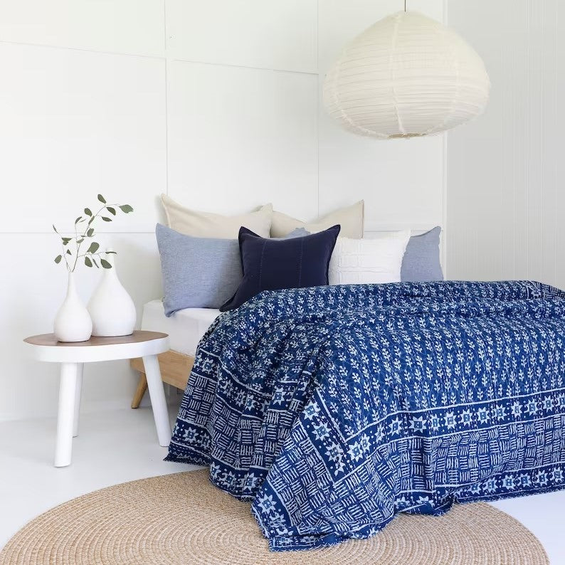 Mystical Indigo Garden Cotton Bedspread
