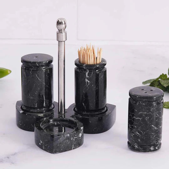 Natural Stone Salt & Pepper Set with Display Tray - Black