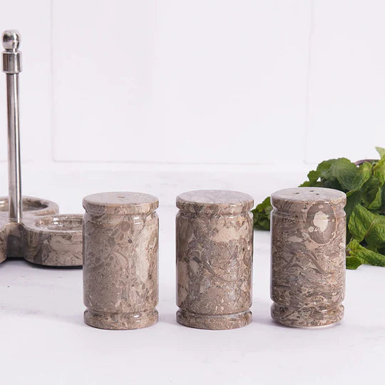 Natural Stone Salt & Pepper Set with Display Tray - Grey