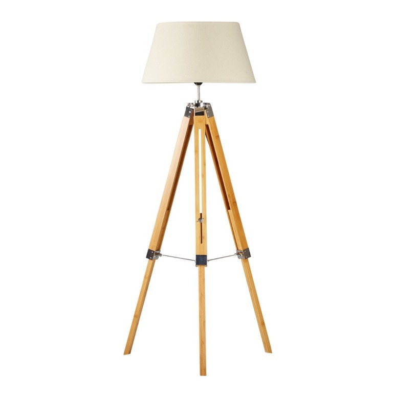Natural Bamboo Tripod Floor Lamp with Beige Shade - Large