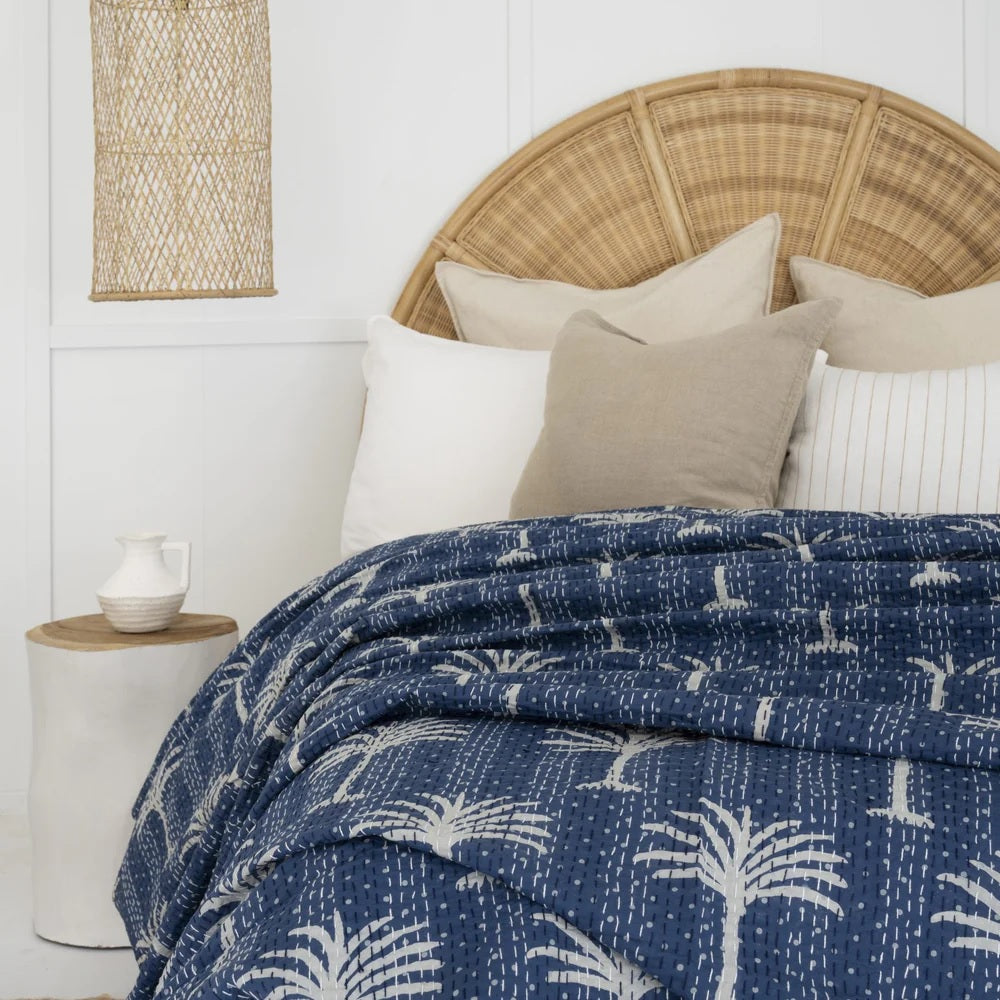 Navy Blue Palm Tree Hand Stitched Cotton Doona King Size