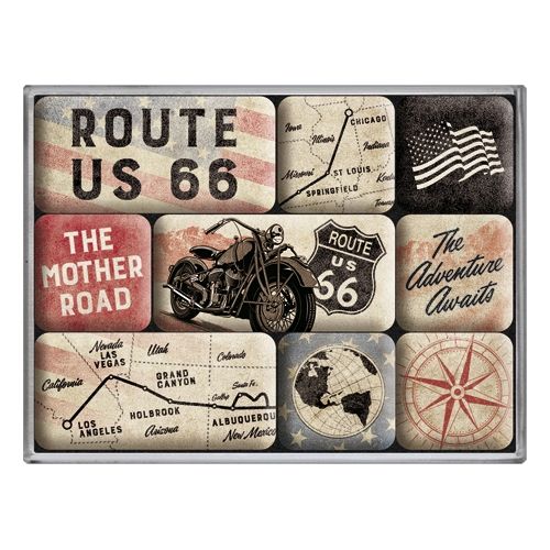 Nostalgic-Art 9pc Fridge Magnet Set Route 66 Bike Map